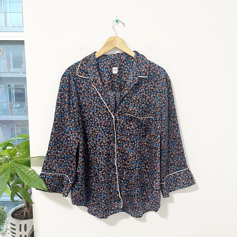 Gap Dark Blue Silky Floral Print Button Up Blouse Size XXL